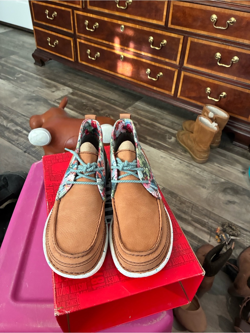 Justin Boots Tan Canvas Athletic Shoes with Colorful Pattern Accent